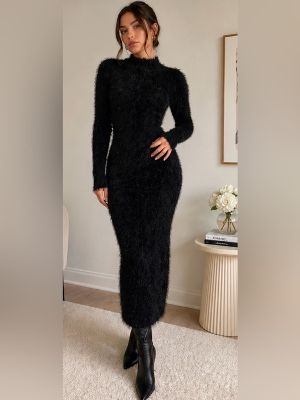 Black Fuzzy Eyelash Knit Mock Neck Bodycon Midi Sweater Dress Small